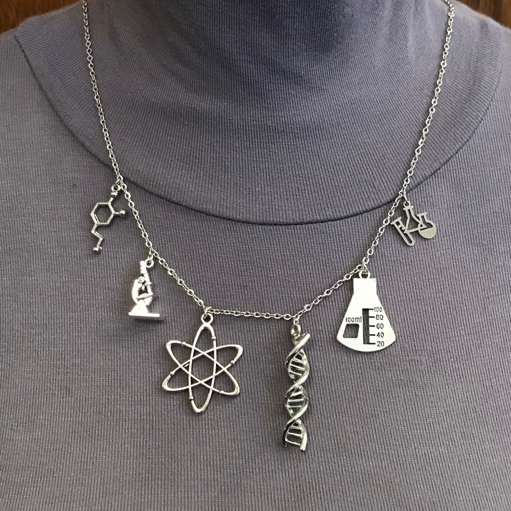 “Science Wiz" Handmade Charm Necklace, Chemistry, Biology, Physics, DNA, Atom